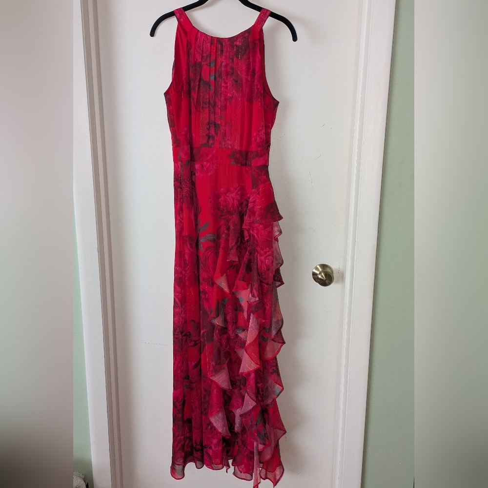 Betsy & Adam Red Metallic Floral Ruffle Long Dress